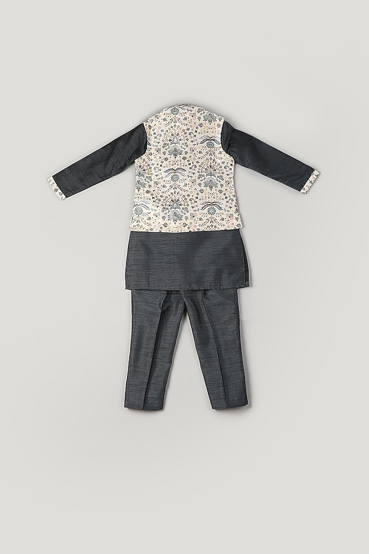 Black Silk Kurta Set With Bundi Jacket For Boys by Pebbles at Pernia's Pop Up Shop