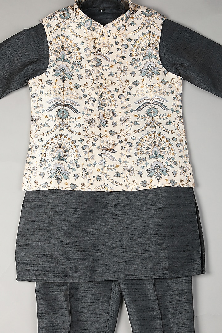 Black Silk Kurta Set With Bundi Jacket For Boys by Pebbles at Pernia's Pop Up Shop