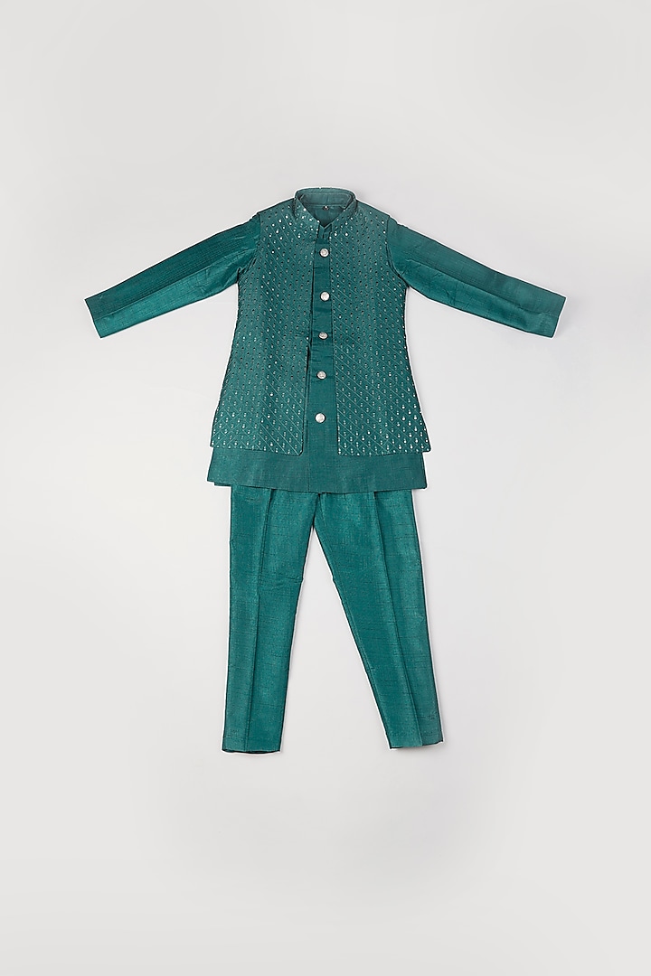 Teal Silk Sequins Embroidered Waistcoat Set For Boys by Pebbles