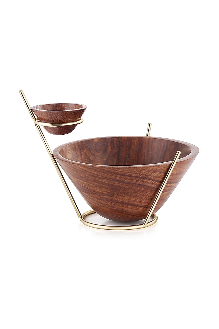 Brown Wood Bowl With Brass Stand by Perenne Design