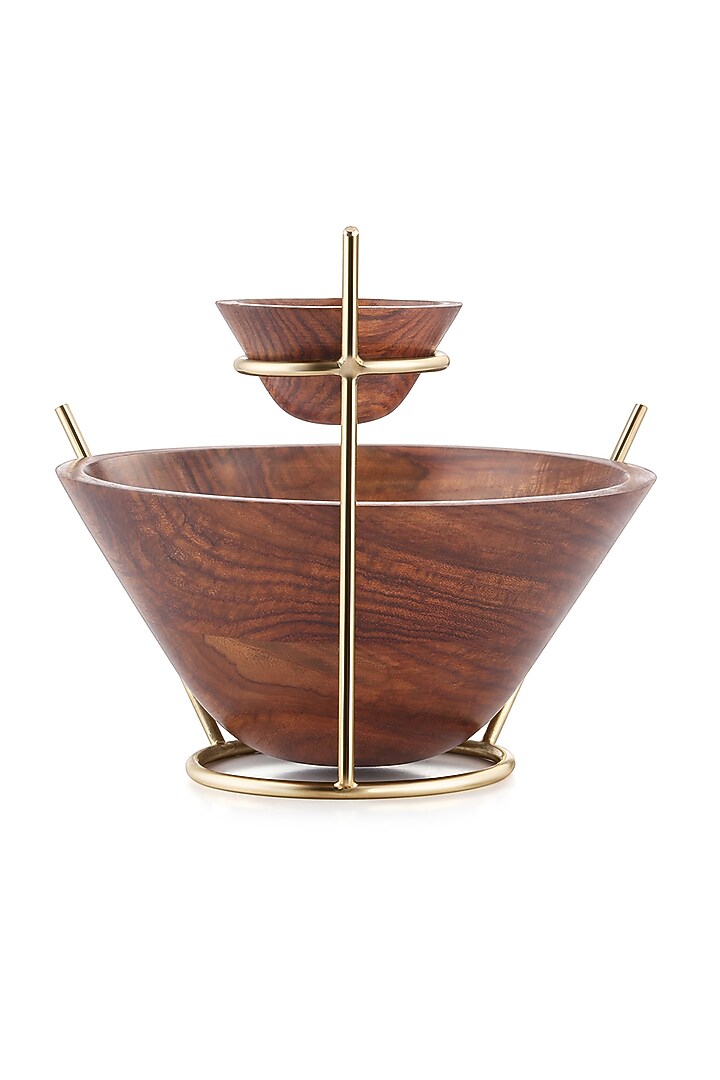 Brown Wood Bowl With Brass Stand by Perenne Design at Pernia's Pop Up Shop