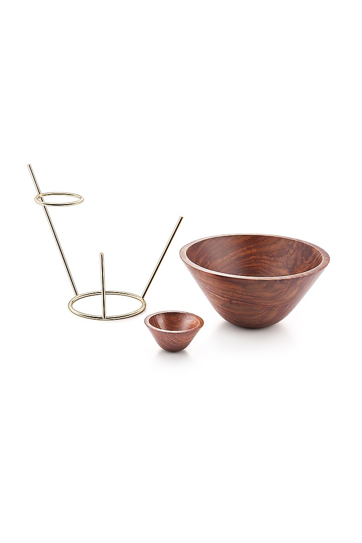 Brown Wood Bowl With Brass Stand by Perenne Design at Pernia's Pop Up Shop