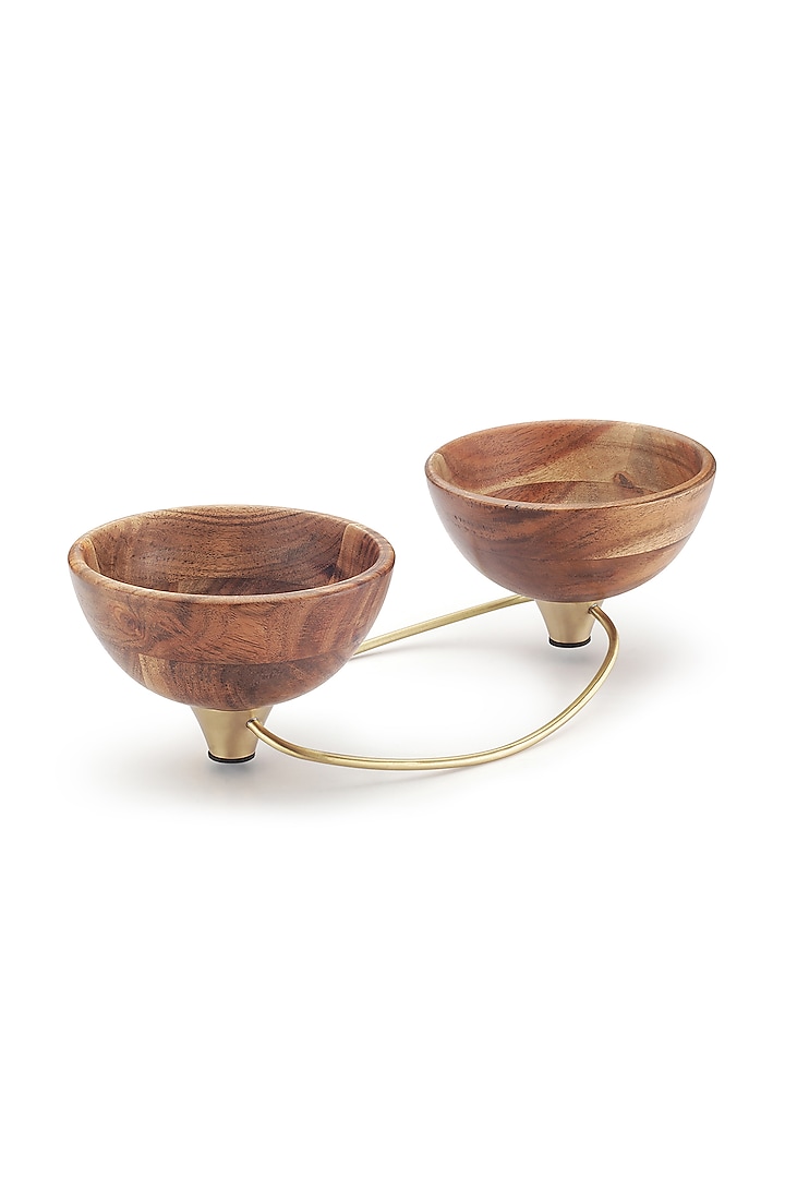 Brown Wood Nut Bowl With Brass Rods by Perenne Design