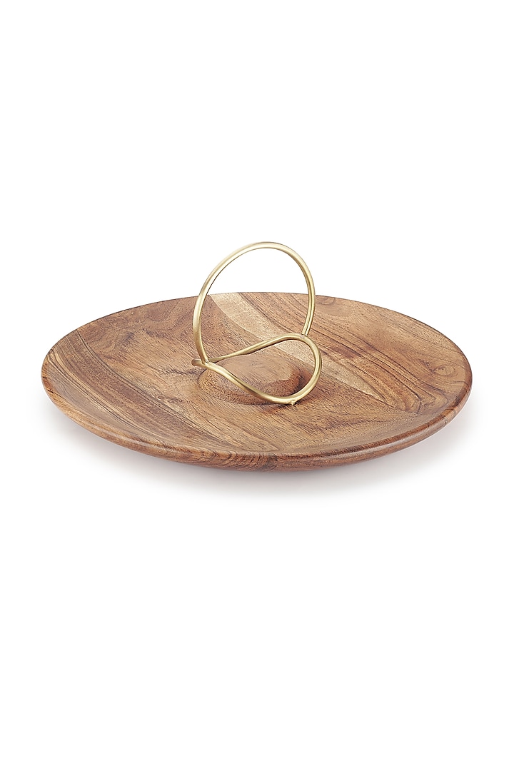 Brown Wood & Brass Round Platter by Perenne Design
