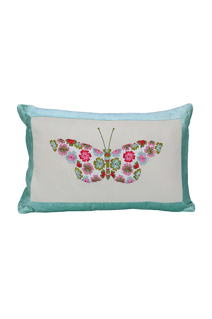 Beige Cotton Butterfly Embroidered Cushion Cover With Fillers by Perenne Design at Pernia's Pop Up Shop