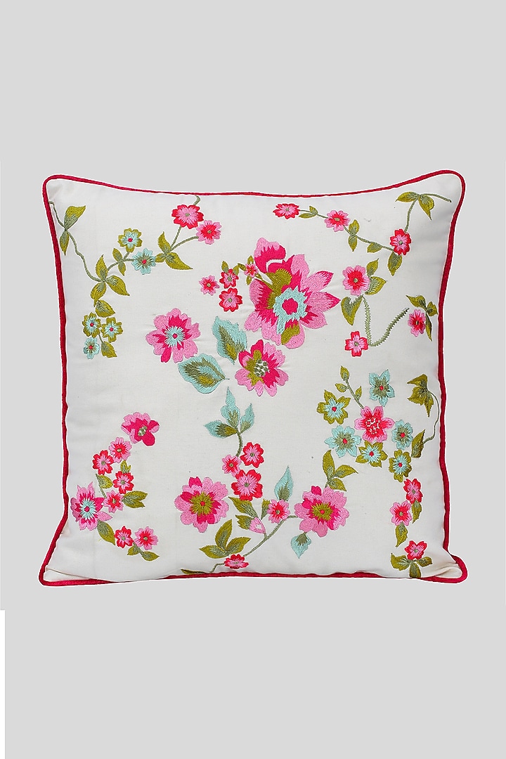 Beige Cotton Embroidered Cushion Cover With Fillers by Perenne Design