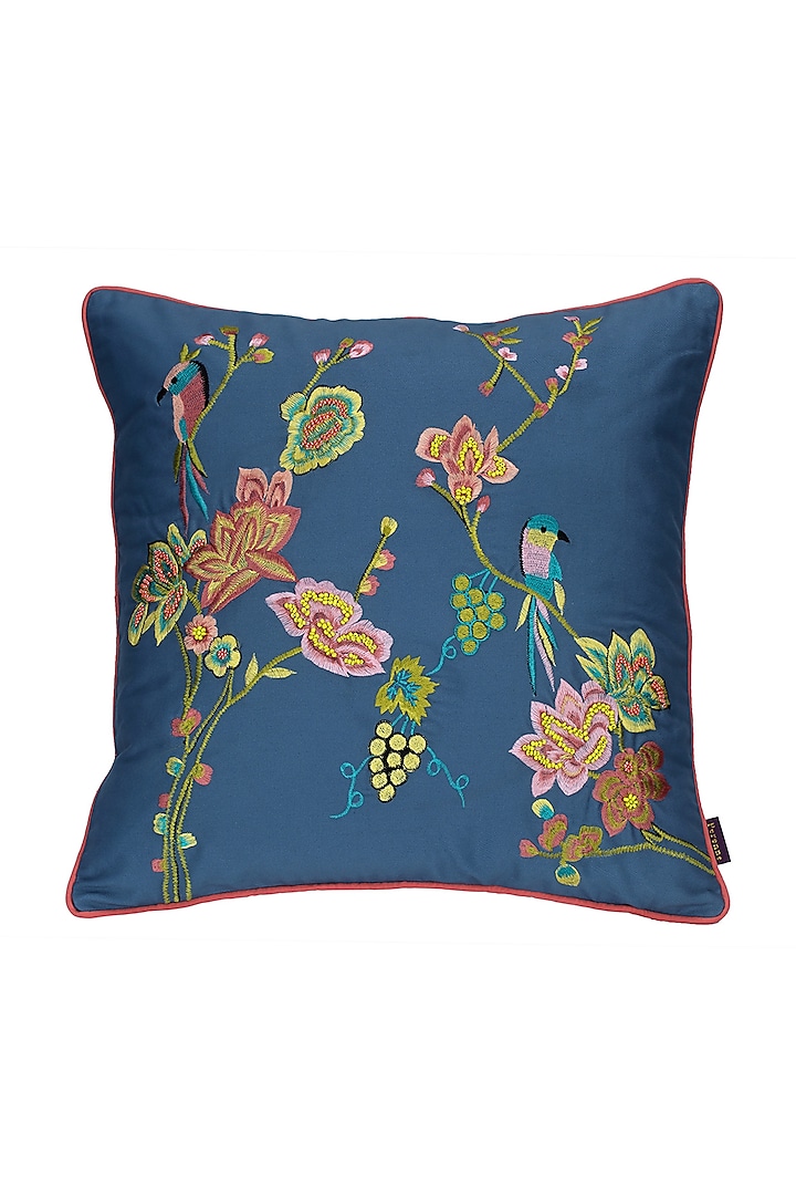 Cobalt Blue Cotton Embroidered Cushion Cover With Fillers by Perenne Design