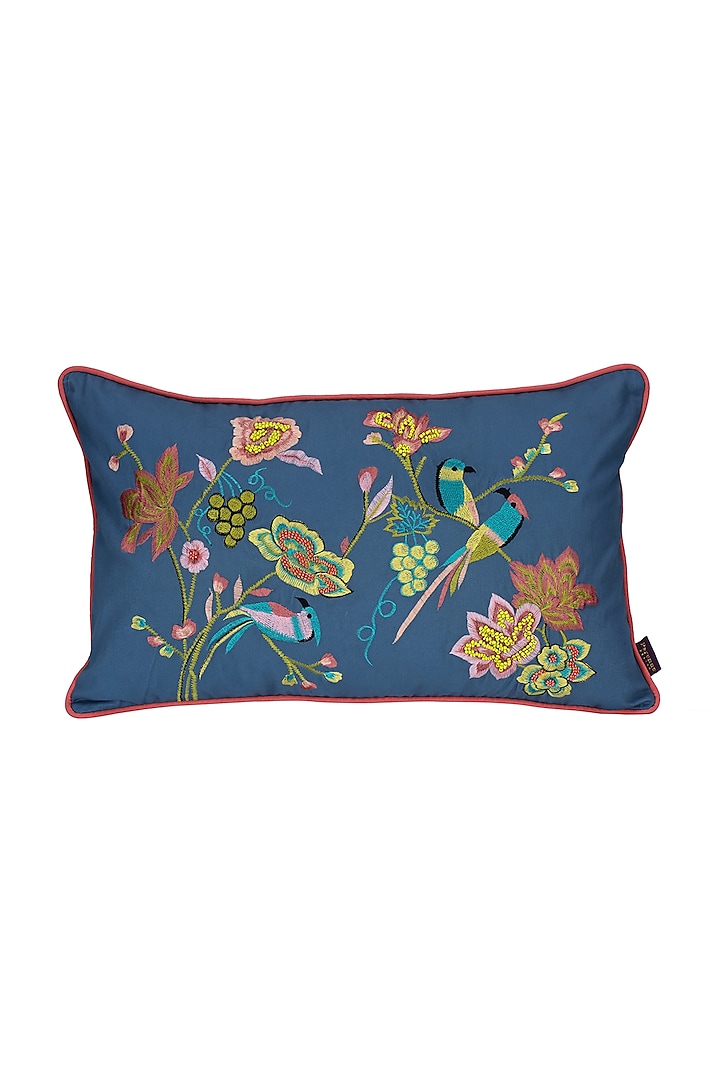 Cobalt Blue Embroidered Cushion Cover With Fillers by Perenne Design