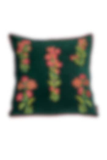 Emerald Green Velvet Embroidered Cushion Cover With Fillers by Perenne Design