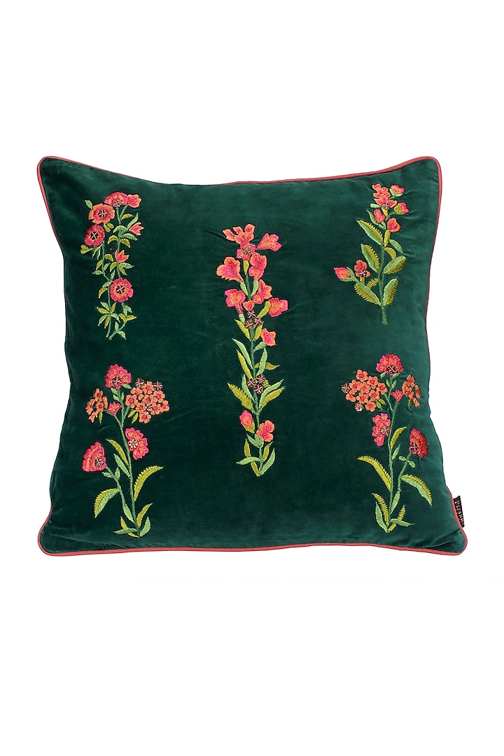Emerald Green Velvet Embroidered Cushion Cover With Fillers by Perenne Design