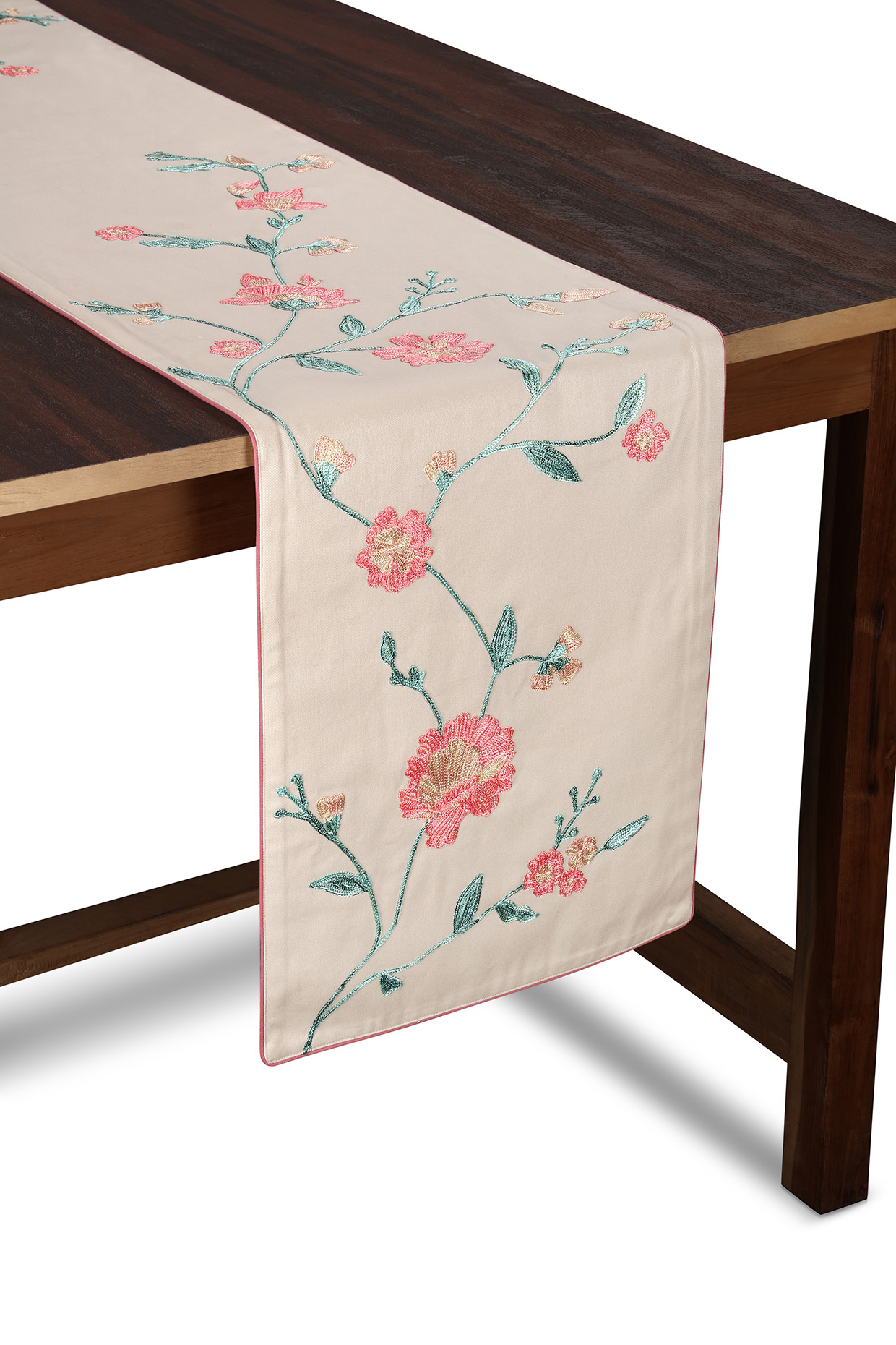 Beige Cotton Floral Embroidered Table Runner by Perenne Design at Pernia's Pop Up Shop