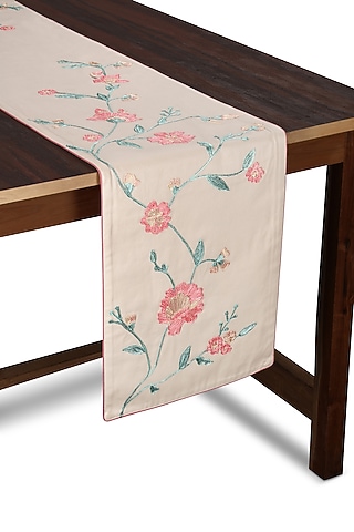 Beige Cotton Floral Embroidered Table Runner by Perenne Design