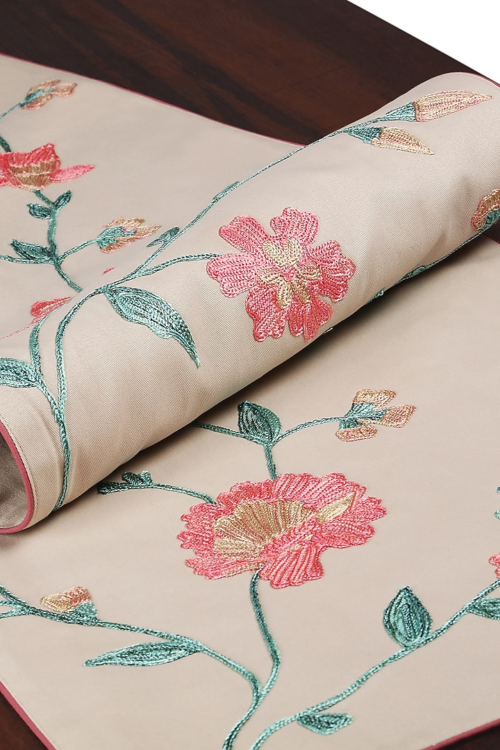 Beige Cotton Floral Embroidered Table Runner by Perenne Design at Pernia's Pop Up Shop
