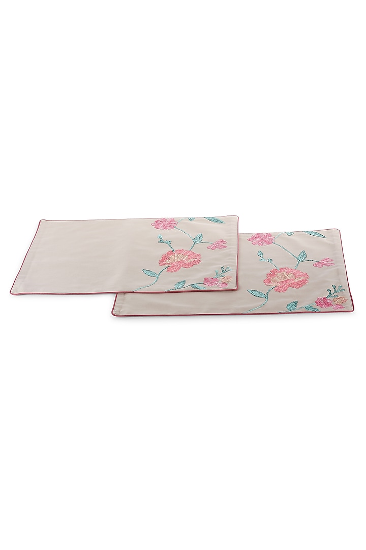 Beige Cotton Floral Embroidered Table Placemats by Perenne Design