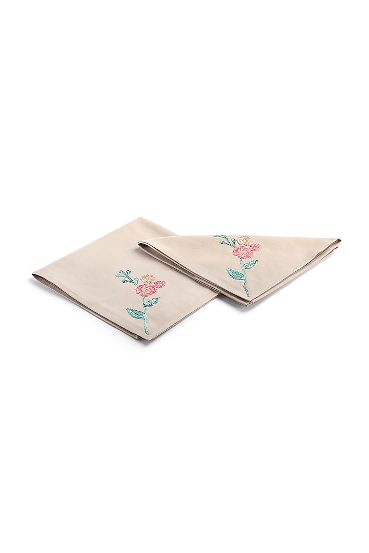 Beige Cotton Floral Embroidered Table Napkins by Perenne Design