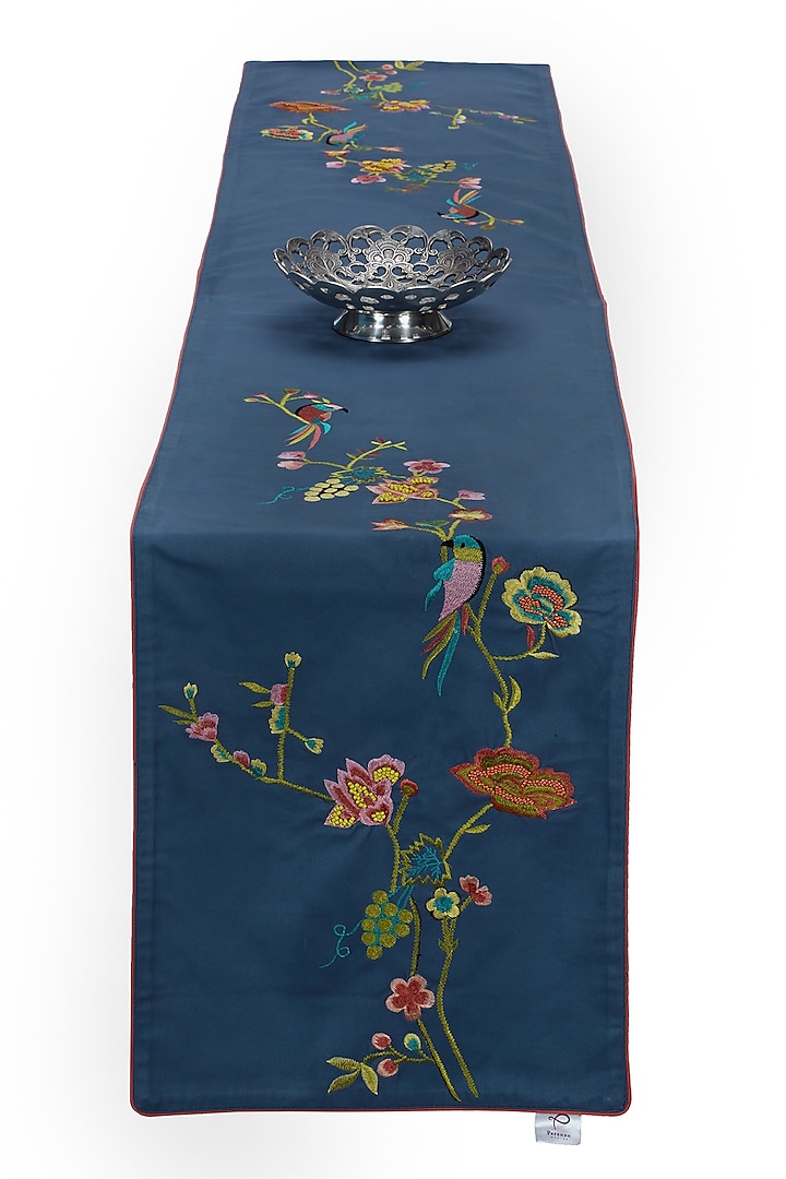 Blue Cotton Embroidered Table Runner by Perenne Design