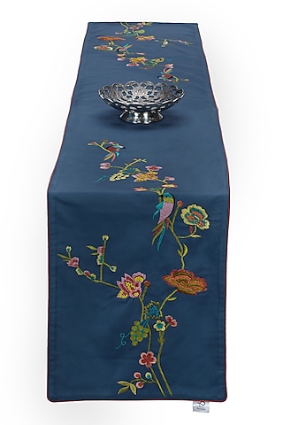 Blue Cotton Embroidered Table Runner by Perenne Design