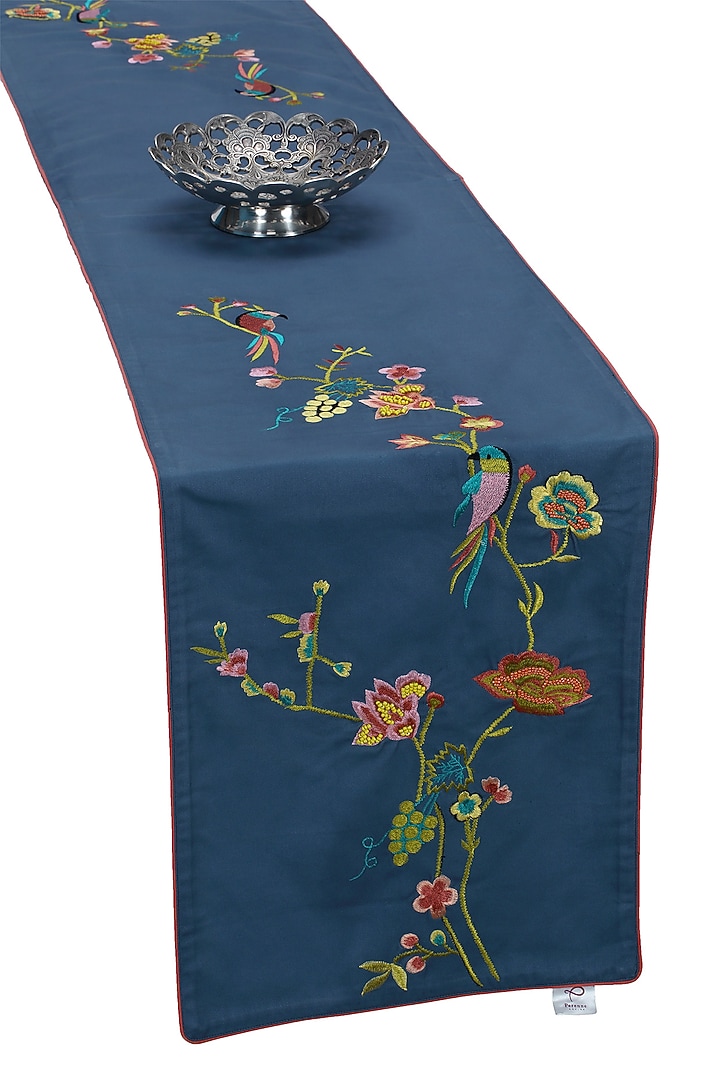 Blue Cotton Embroidered Table Runner by Perenne Design at Pernia's Pop Up Shop
