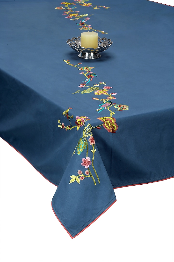 Blue Cotton Embroidered Table Cloth by Perenne Design