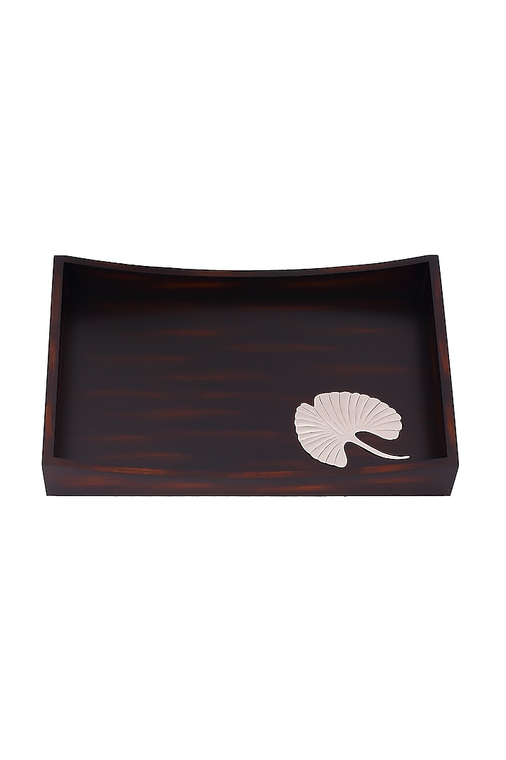 Brown Wood Serving Tray With Metal Motif by Perenne Design