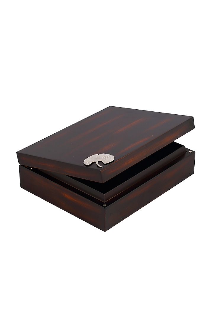 Brown Wood Tea Box With Metal Motif by Perenne Design