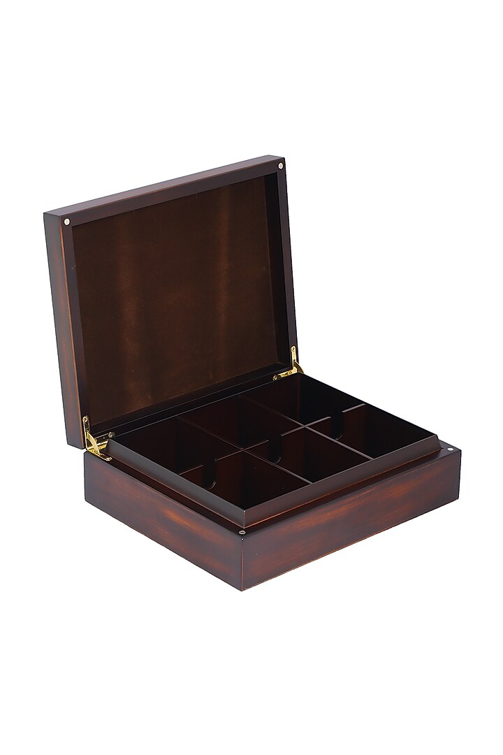 Brown Wood Tea Box With Metal Motif by Perenne Design at Pernia's Pop Up Shop