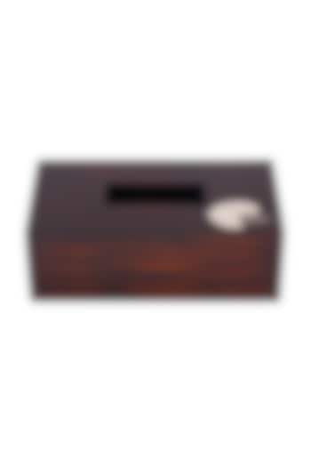 Brown Wood Tissue Box With Metal Motif by Perenne Design