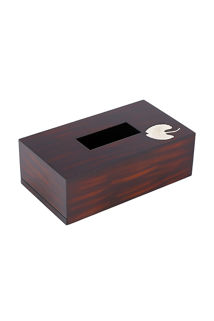 Brown Wood Tissue Box With Metal Motif by Perenne Design at Pernia's Pop Up Shop