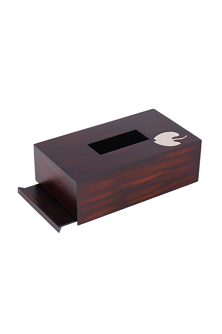 Brown Wood Tissue Box With Metal Motif by Perenne Design at Pernia's Pop Up Shop