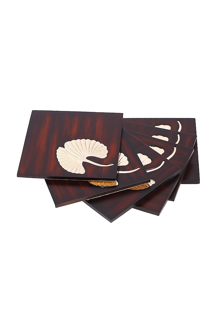Brown Wood Coaster Set With Metal Motif (Set of 6) by Perenne Design