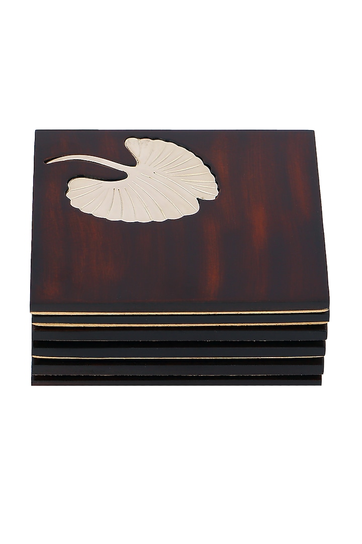 Brown Wood Coaster Set With Metal Motif (Set of 6) by Perenne Design at Pernia's Pop Up Shop