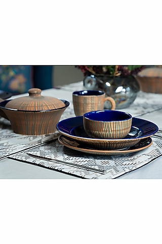 Mustard & Blue Stoneware Ceramic Bowl (Set of 4) by Perenne Design