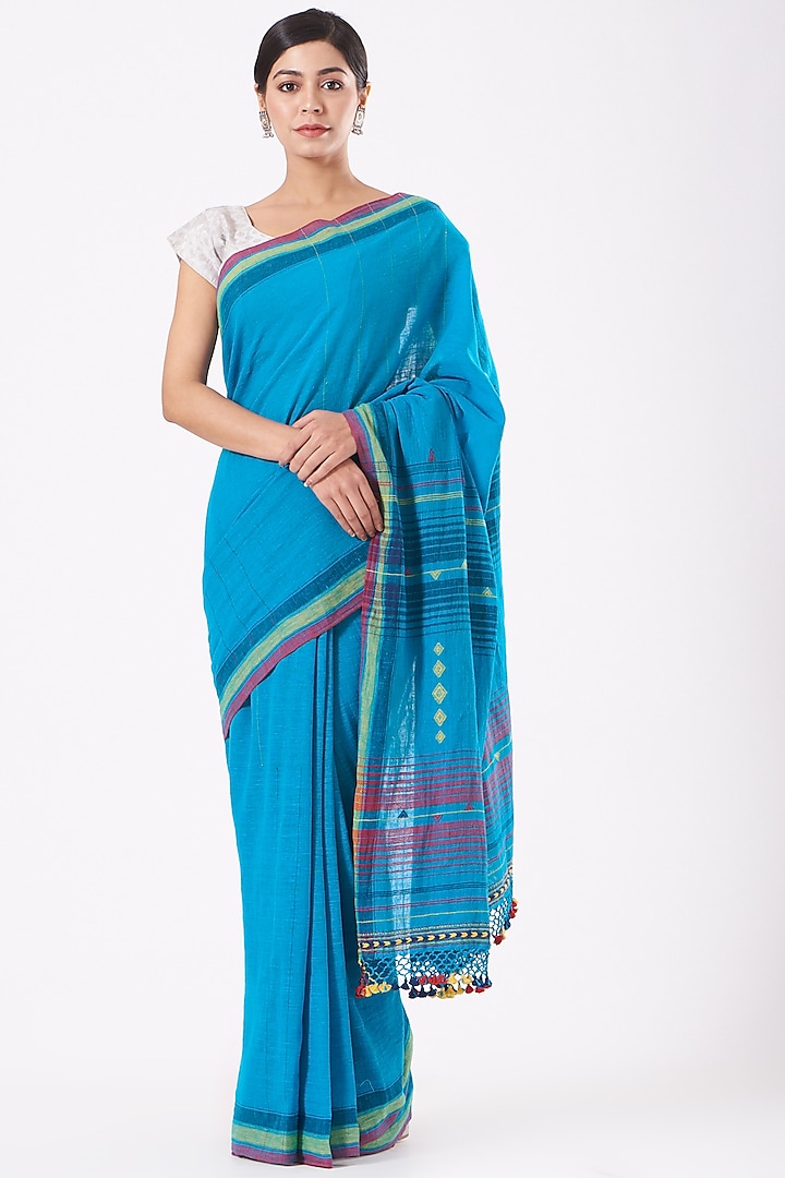 Turquoise Cotton Handwoven Saree by Peeli Kothi
