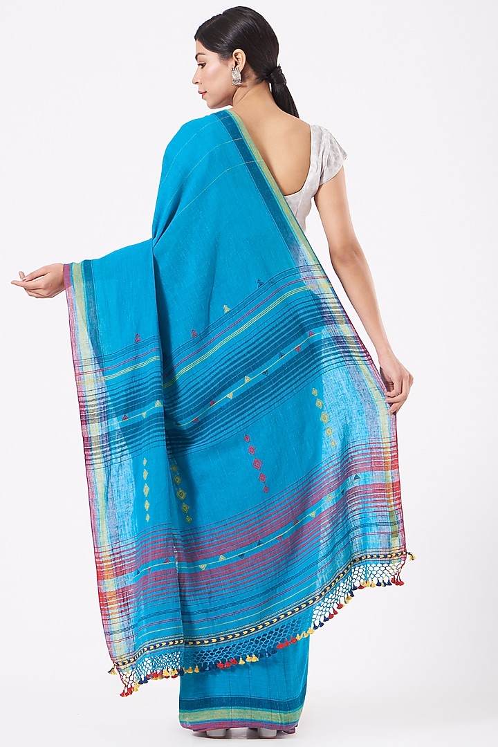 Turquoise Cotton Handwoven Festive Saree by Peeli Kothi at Pernia's Pop Up Shop