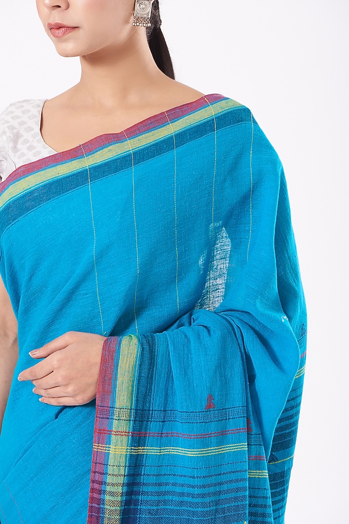 Turquoise Cotton Handwoven Festive Saree by Peeli Kothi at Pernia's Pop Up Shop