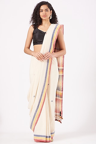 White Cotton Handwoven Saree by Peeli Kothi