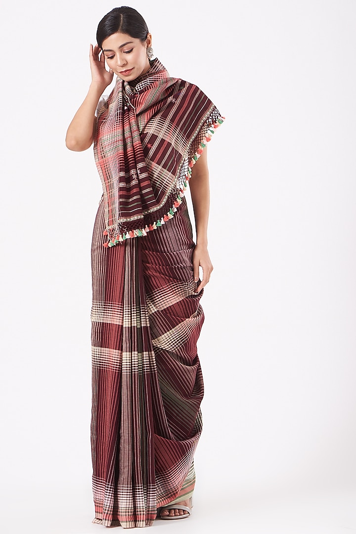 Brown Cotton Handwoven Striped Saree by Peeli Kothi