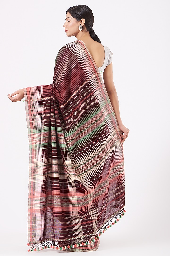 Brown Cotton Handwoven Striped Festive Saree by Peeli Kothi at Pernia's Pop Up Shop