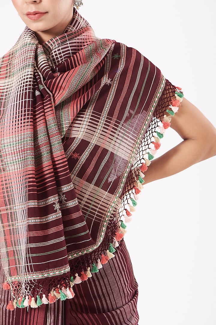 Brown Cotton Handwoven Striped Festive Saree by Peeli Kothi at Pernia's Pop Up Shop