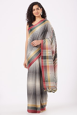 Black & White Handwoven Checkered Saree by Peeli Kothi