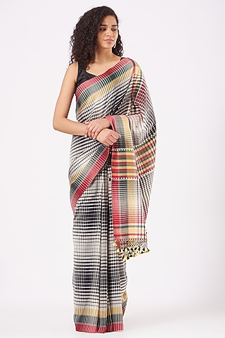 Black & White Cotton Checkered Saree by Peeli Kothi