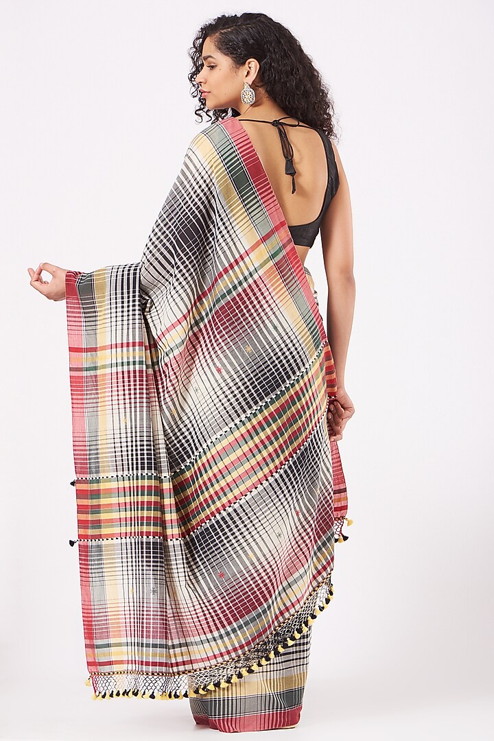 Black & White Cotton Checkered Festive Saree by Peeli Kothi at Pernia's Pop Up Shop
