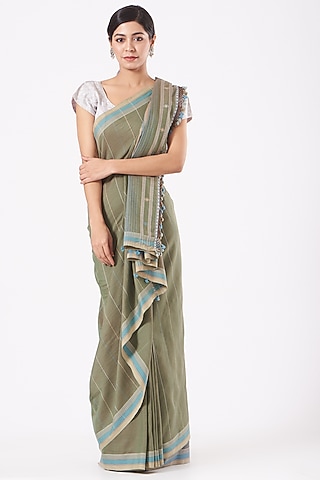 Mehendi Green Cotton Handwoven Saree by Peeli Kothi