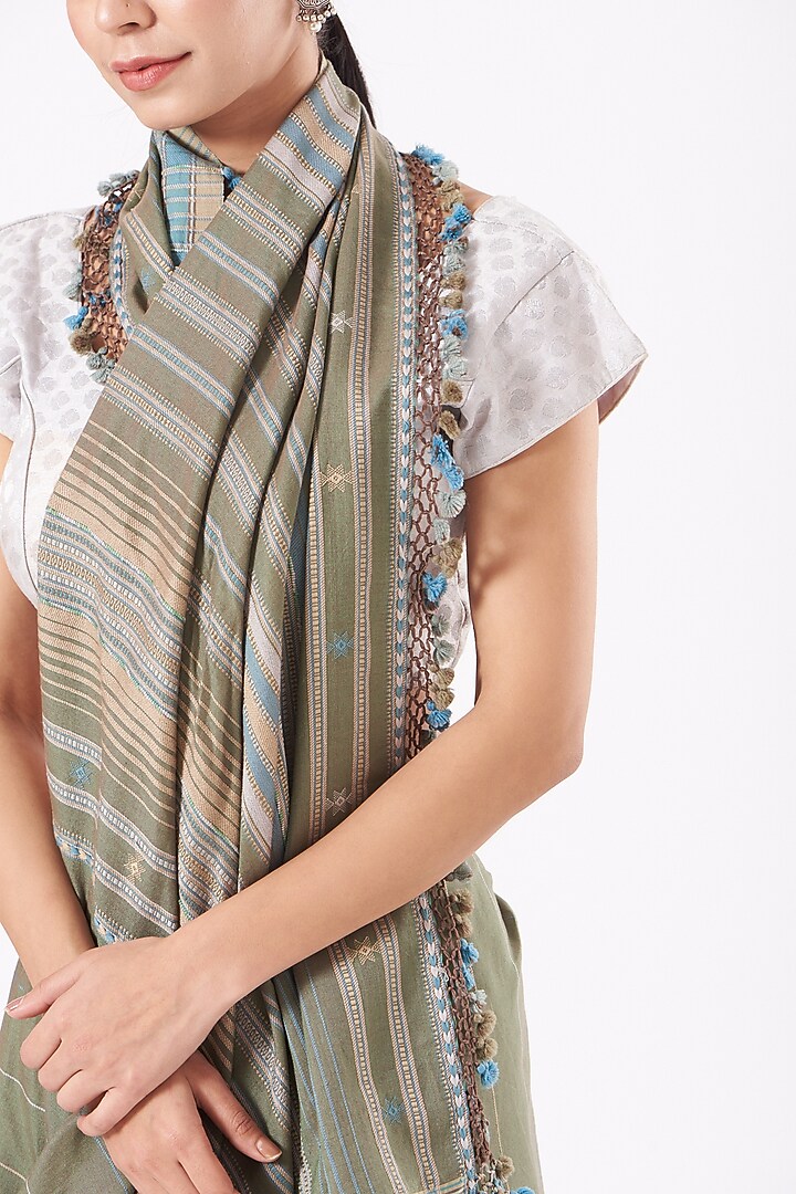 Mehendi Green Cotton Handwoven Festive Saree by Peeli Kothi at Pernia's Pop Up Shop