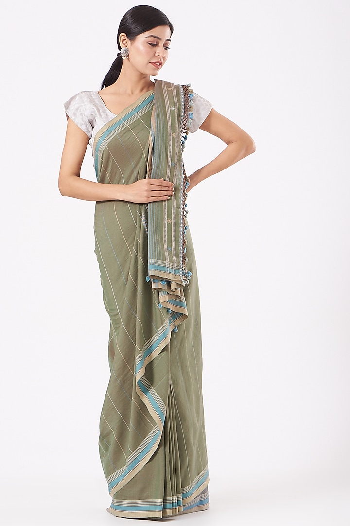 Mehendi Green Cotton Handwoven Festive Saree by Peeli Kothi at Pernia's Pop Up Shop