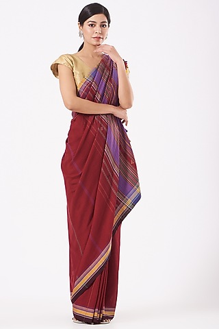 Cadmium Red Cotton Handwoven Saree by Peeli Kothi