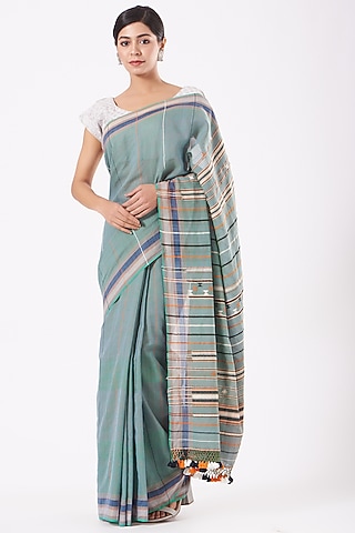 Mint Green Cotton Handwoven Saree by Peeli Kothi
