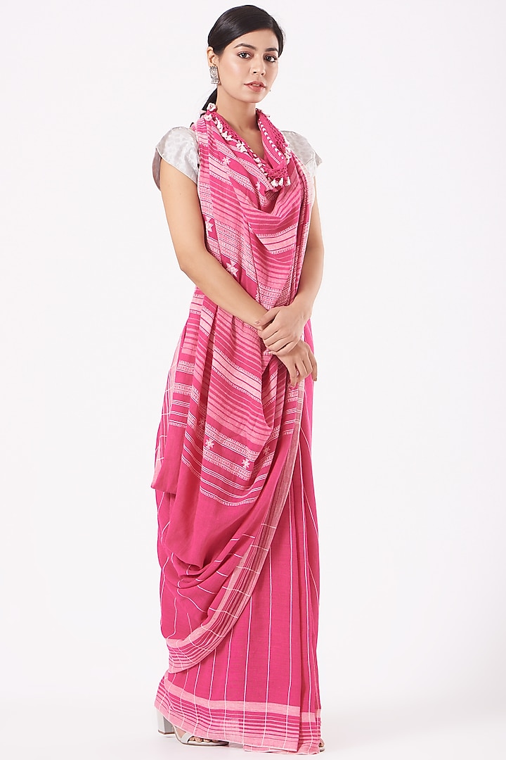 Blush Pink Cotton Handwoven Saree by Peeli Kothi