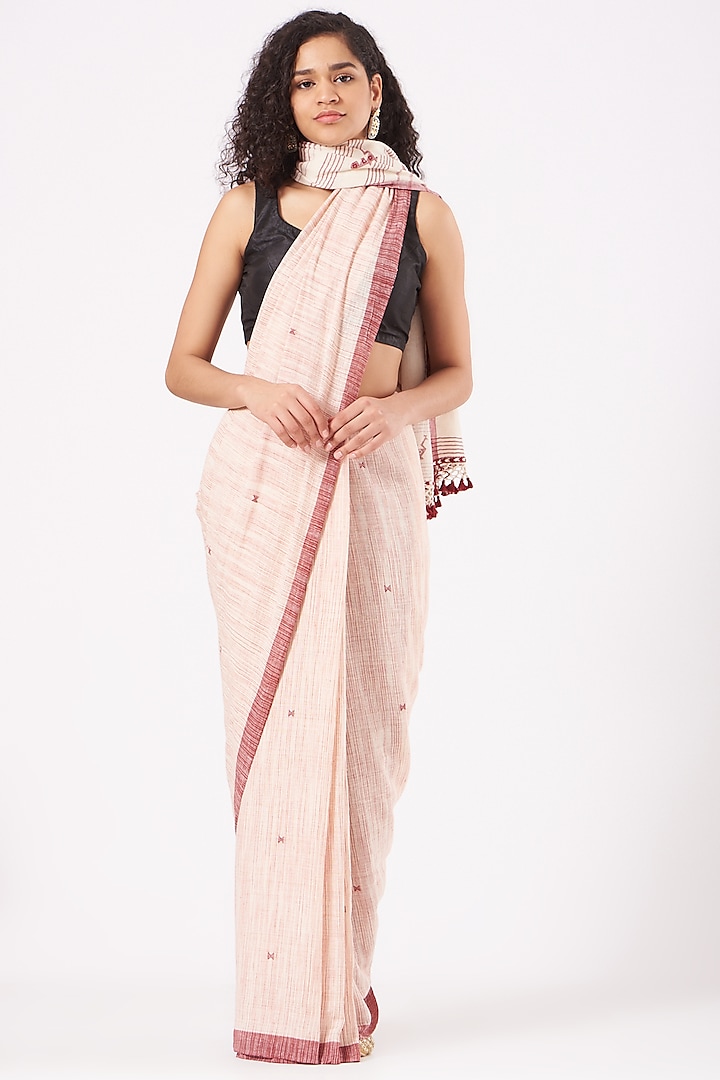 White & WIne Cotton Handwoven Striped Saree by Peeli Kothi
