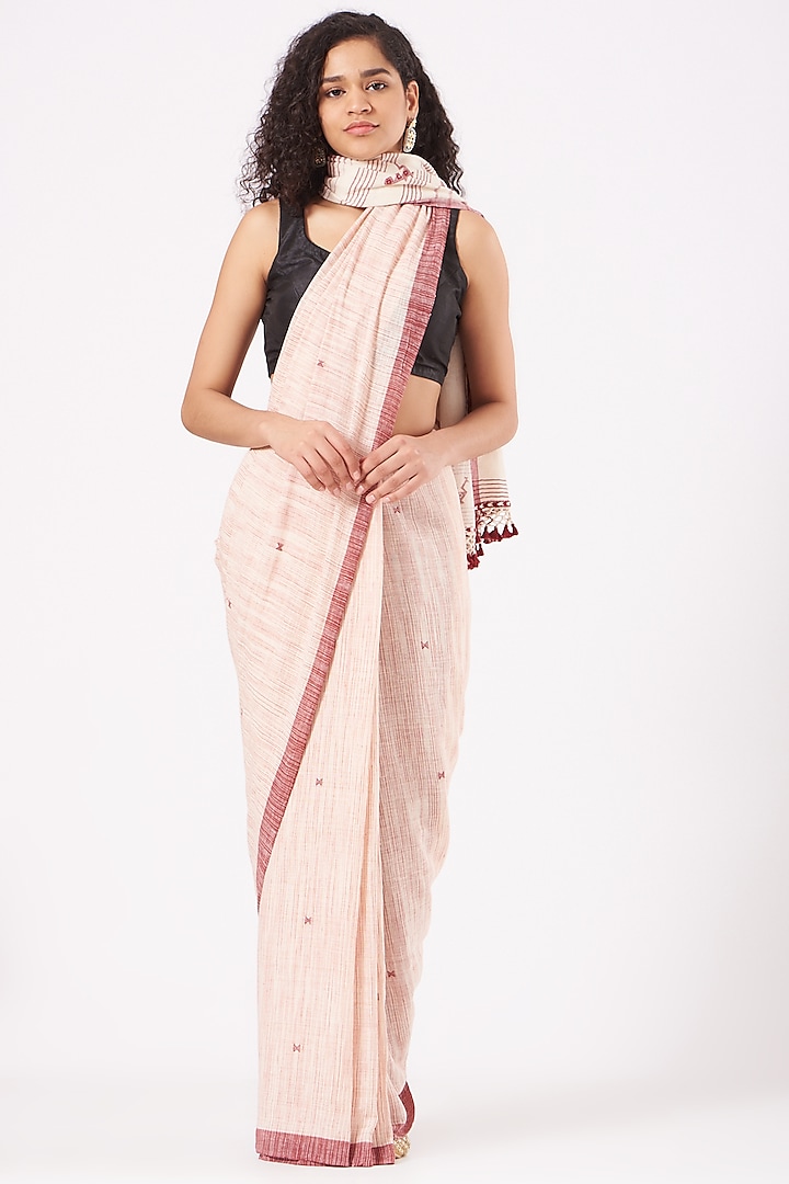 White & WIne Cotton Handwoven Striped Saree by Peeli Kothi at Pernia's Pop Up Shop